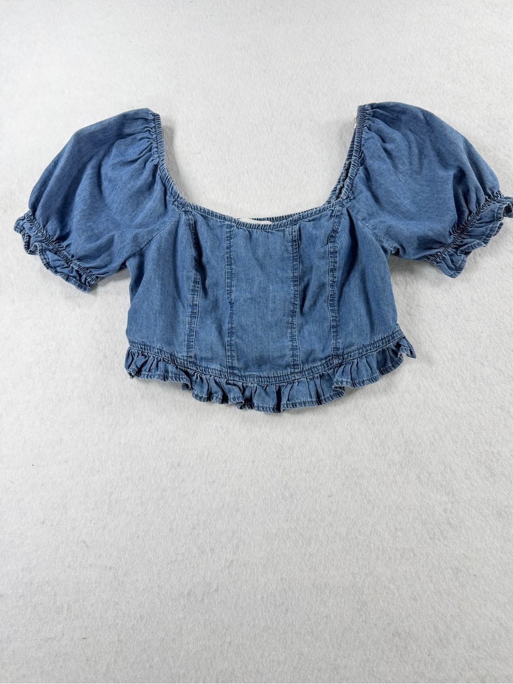 New Mix Denim Crop Top Blue Puff Sleeve Ruffle Hem Square Neck Small